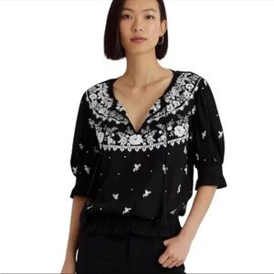 Ralph Lauren Embroidered Jersey Tie-Neck Top